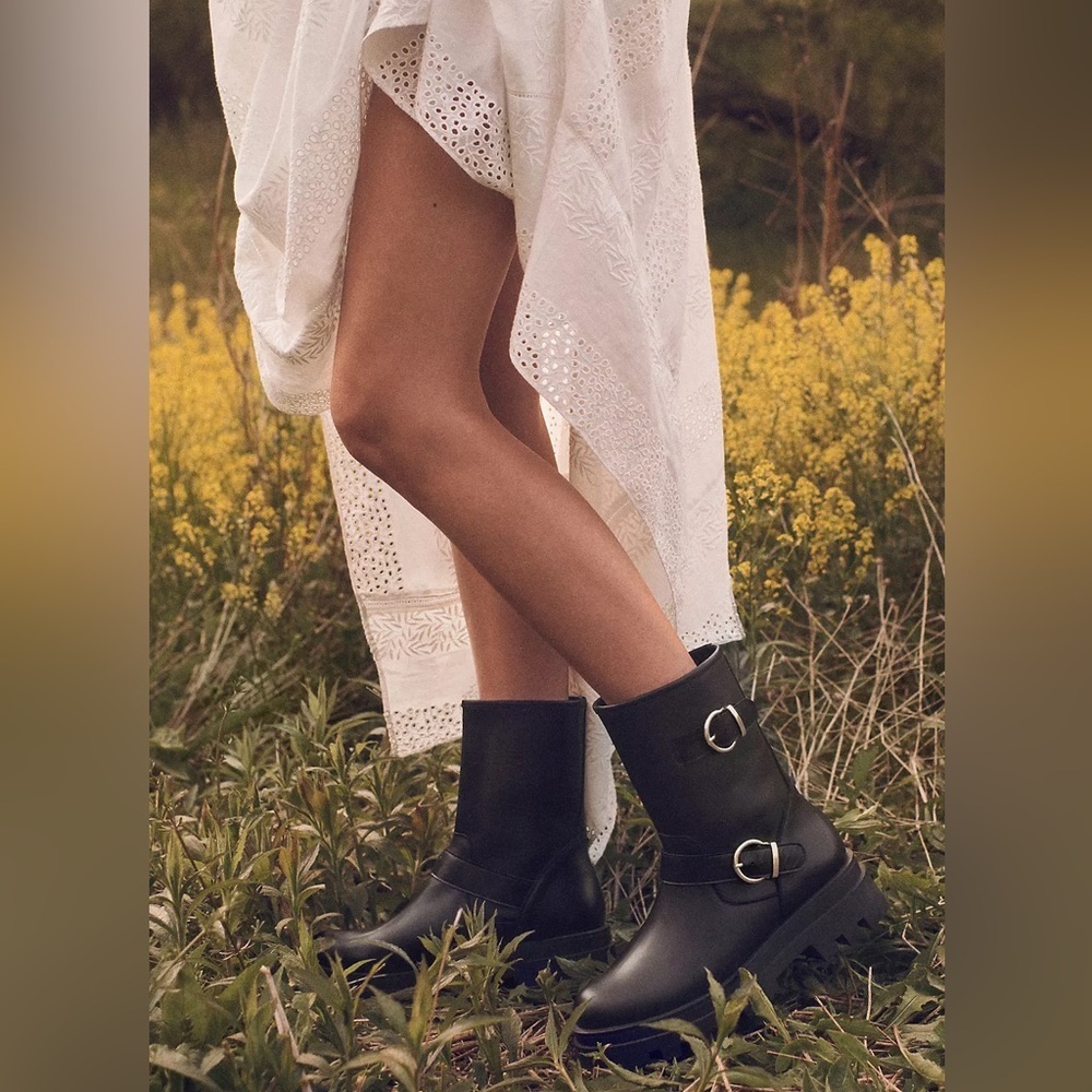 Anthropologie Black Leather Combat Boots with Buckle Straps